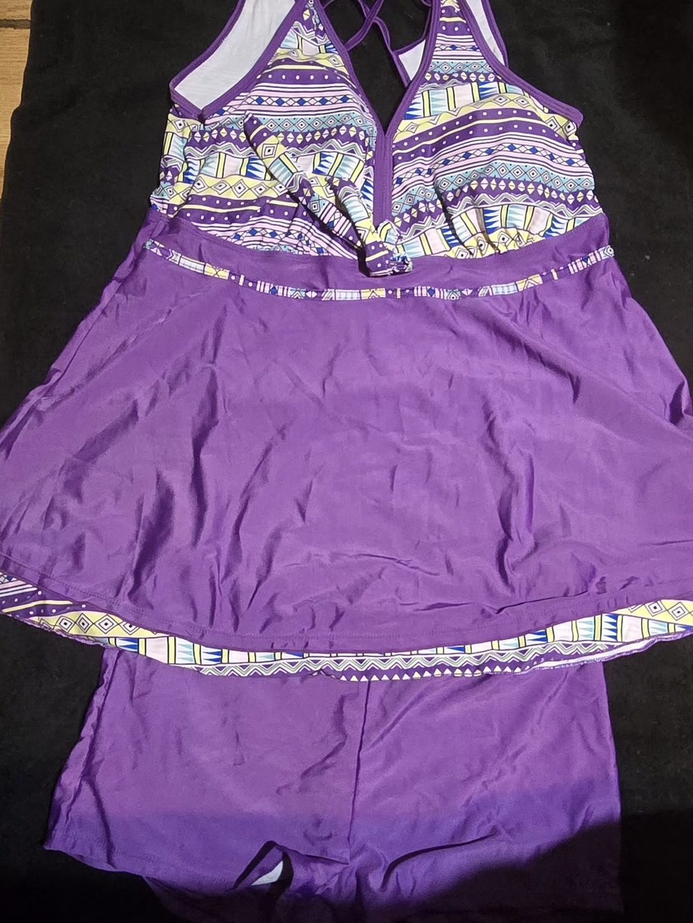 BloomChic Purple A-Line Swim Dress with Multicolor Geometric Trim